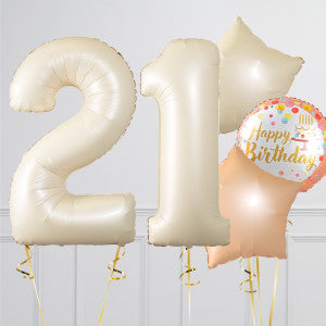 Helium Beige ‘21’ Two Number Set Balloon with Beige and Sand White Star-Shaped Foil Balloons