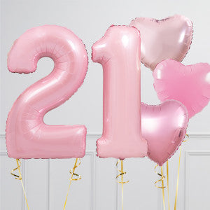 Helium Pink ‘21’ Two Number Set Balloon with Pink Color Way Circle and Heart-Shaped Foil Balloons
