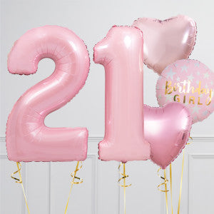 Helium Pink ‘21’ Two Number Set Balloon with Pink Color Way Circle and Heart-Shaped Foil Balloons