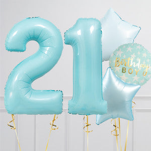 Helium Blue ‘21’ Two Number Set Balloon with Blue Color Way Heart and Star-Shaped Foil Balloons