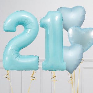 Helium Blue ‘21’ Two Number Set Balloon with Blue Color Way Heart and Star-Shaped Foil Balloons