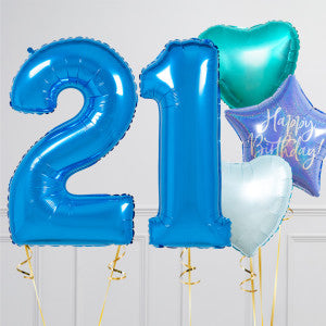 Helium Blue ‘21 Two Number Set Balloon with Blue Color Way Heart and Star-Shaped Foil Balloons