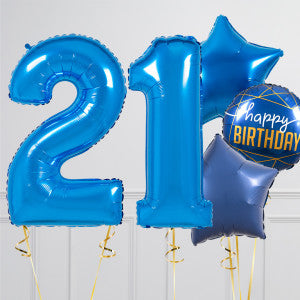 Helium Blue ‘21’ Two Number Set Balloon with Blue Color Way Circle and Star-Shaped Foil Balloons