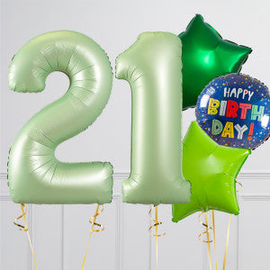 Helium Green Color way ‘21’ Two Number Set Balloon with Blue Circle and Star-Shaped Foil Balloons