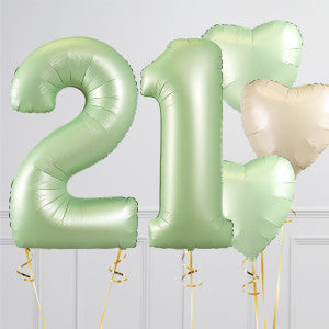 Helium Green and Beige ‘21’ Two Number Set Balloon with White Circle and Heart-Shaped Foil Balloons