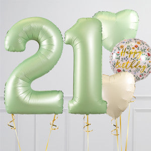Helium Green and Beige ‘21’ Two Number Set Balloon with White Circle and Heart-Shaped Foil Balloons