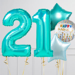 Helium Turquoise ‘21’ Two Number Set Balloon with Circle and Turquoise, White and Blue Star-Shaped Foil Balloons