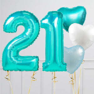 Helium Turquoise ‘21’ Two Number Set Balloon with Heart and Turquoise, White and Blue Star-Shaped Foil Balloons