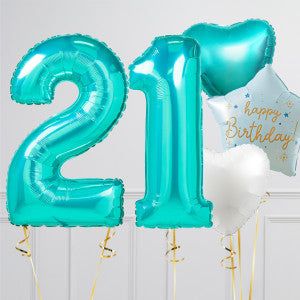 Helium Turquoise ‘21’ Two Number Set Balloon with Heart and Turquoise, White and Blue Star-Shaped Foil Balloons