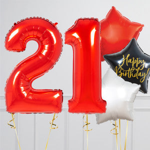 Helium Red ‘21’ Two Number Set Balloon with Red, Black and White Star-Shaped Foil Balloons