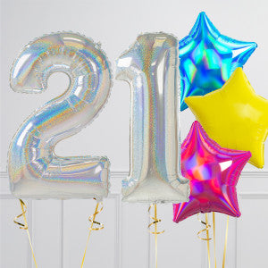 Helium Rainbow ‘21’ Two Number Set Balloon with Black Circle and Blue, Yellow and Pink Star-Shaped Foil Balloons