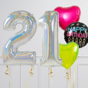 Helium Rainbow Two Number Set Balloon with Black Circle and Pink, Blue and Green Heart-Shaped Foil Balloons