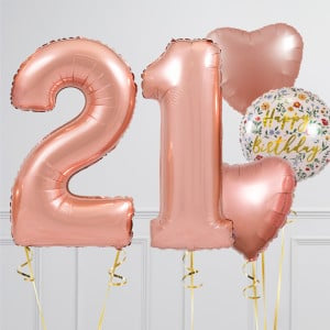 Helium Rose Gold ‘21’ Two Number Set Balloon with White Circle and Heart-Shaped Foil Balloons