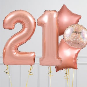 Helium Rose Gold ‘21’ Two Number Set Balloon with Circle and Star-Shaped Foil Balloons