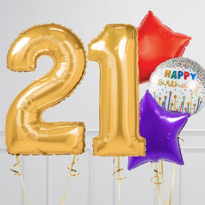 Helium Gold ‘21’ Two Number Set Balloon with White Circle and Red, Purple and Yellow Star-Shaped Foil Balloons