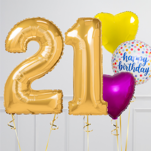 Helium Gold ‘21’ Two Number Set Balloon with White Circle and Yellow, Blue and Purple Heart-Shaped Foil Balloons