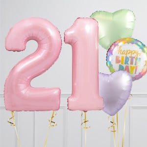Helium Pink ‘21’ Two Number Set Balloon with White Circle and Green, Beige and Purple Heart-Shaped Foil Balloons
