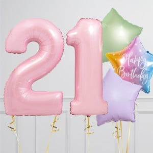 Helium Pink ‘21’ Two Number Set Balloon with Green, Beige and Purple Star-Shaped Foil Balloons