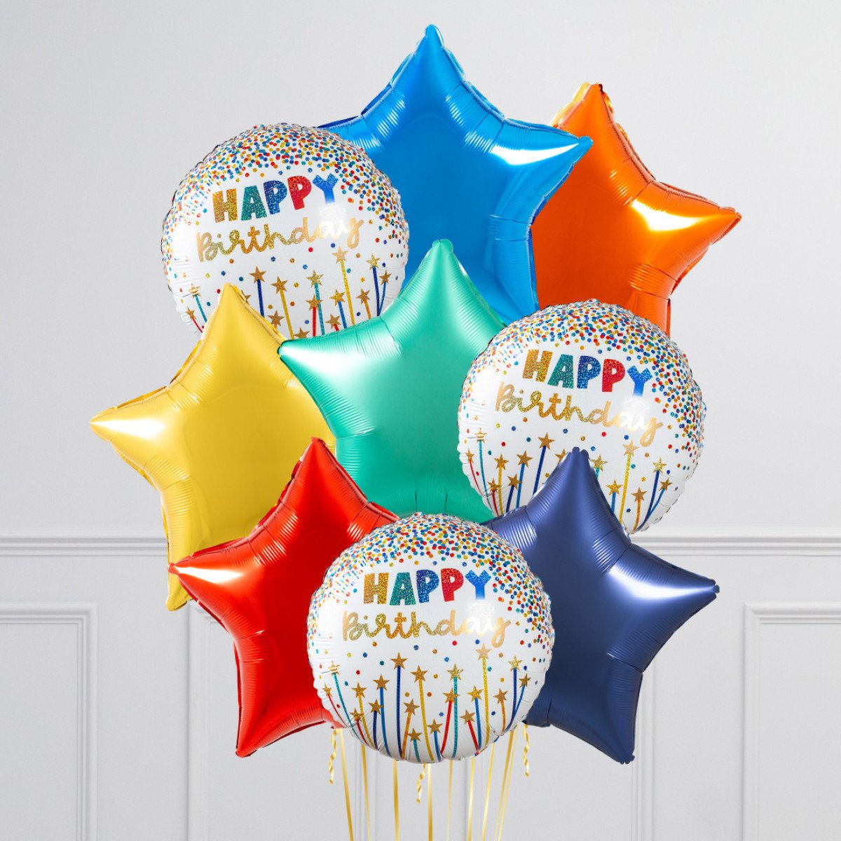 Bunch of Blue, Orange, Yellow, Green, Red and Purple Star Foil and Printed White Circle “Happy Birthday” Helium Balloons