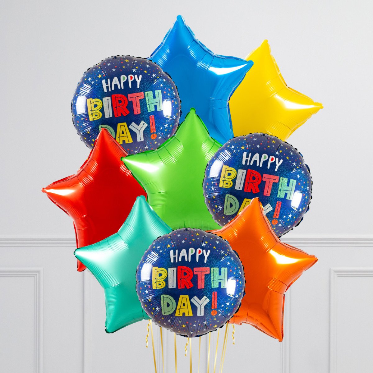 Bunch of Blue, Yellow, Red, Green and Orange Star Foil and Printed Blue Circle “Happy Birthday” Helium Balloons