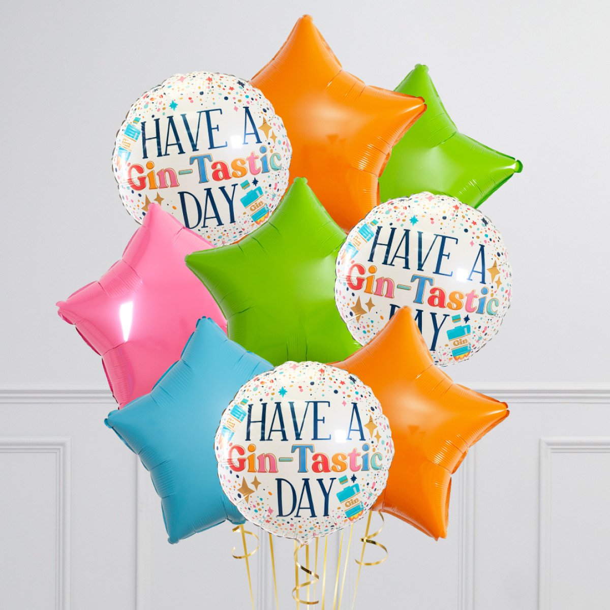 Bunch of Orange, Green, Pink and Blue Star Foil and Printed White Circle “Have a Gin-Tastic Day!” Helium Balloons