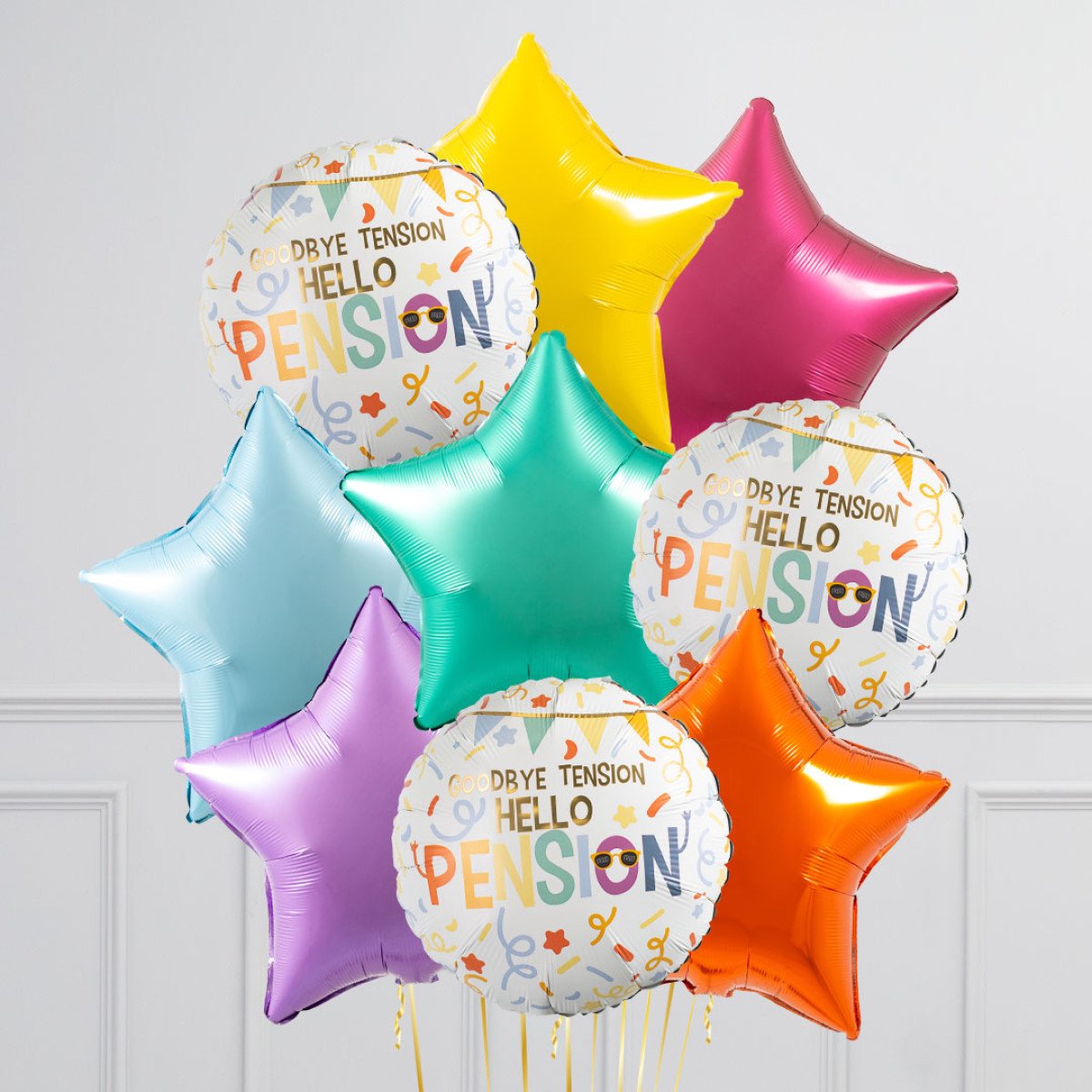 Bunch of Yellow, Blue, Green, Purple and Orange Star Foil and Printed White Circle “Goodbye Tension Hello Pension” Helium Balloons
