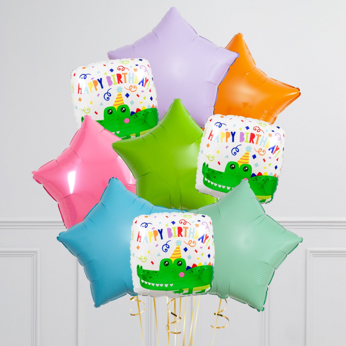 Bunch of Purple, Orange, Pink, Green and Blue Star Foil and Printed White Square “Happy Birthday” Helium Balloons