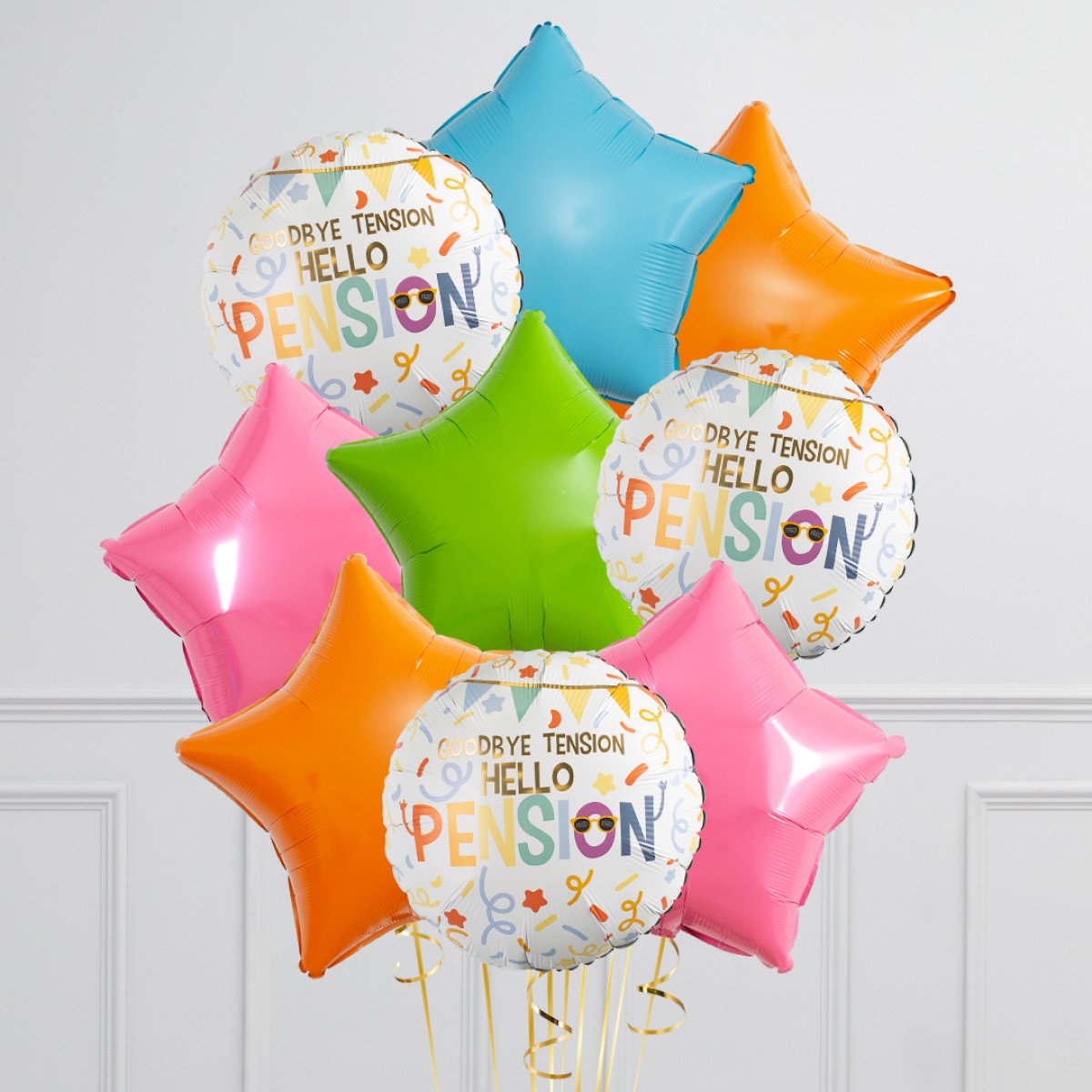 Bunch of Blue, Orange, Pink and Green Star Foil and Printed White Circle “Goodbye Tension Hello Pension” Helium Balloons