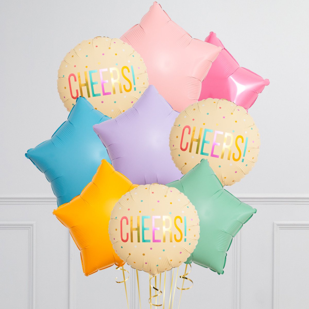 Bunch of Pink, Blue, Purple, Yellow and Green Star Foil and Printed Beige Circle “Cheers!” Helium Balloons