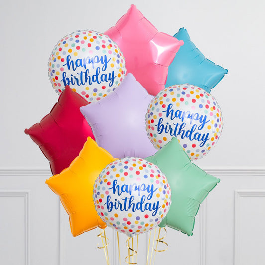 Bunch of Pink, Blue, Red, Purple, Yellow and Green Star Foil and Printed White Circle “Happy Birthday” Helium Balloons
