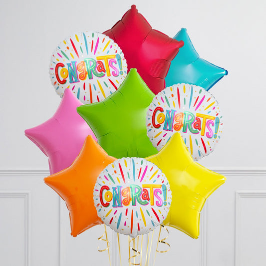 Bunch of Red, Blue, Pink, Green, Orange and Yellow Star Foil and Printed White Circle “Congrats!” Helium Balloons