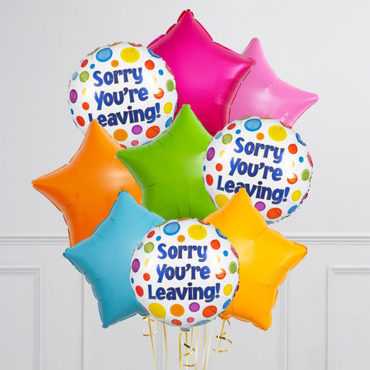 Bunch of Pink, Orange, Green, Blue and Yellow Star Foil and Printed White Circle “Sorry You’re Leaving” Helium Balloons