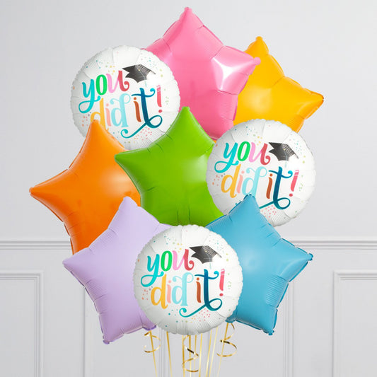 Bunch of Pink, Yellow, Orange, Green, Purple and Blue Star Foil and Printed White Circle “You did it!” Helium Balloons
