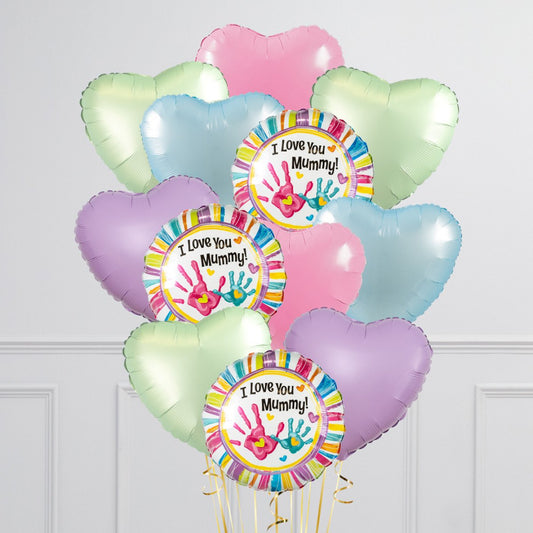 Bunch of Pink, Blue, Green and Purple Heart Foil and Printed White Circle “I Love You Mommy!” Helium Balloons