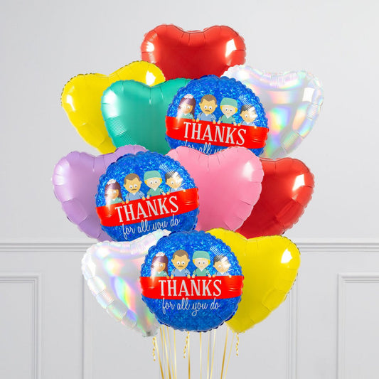 Bunch of Red, Pink, Purple, Green and Yellow Heart Foil and Printed Blue Circle “Thanks” Helium Balloons