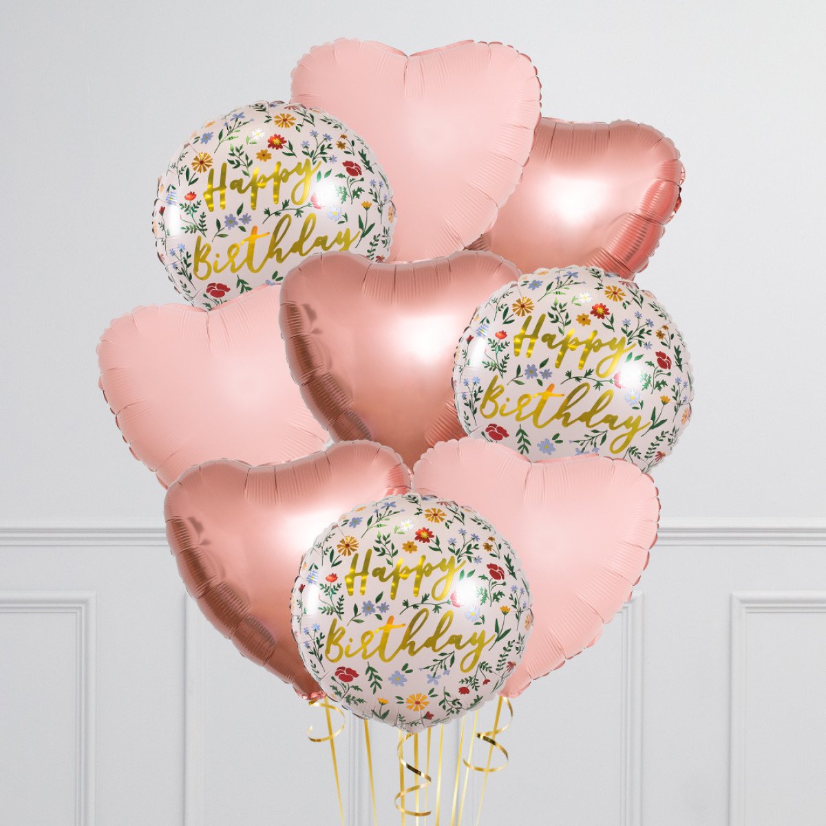 Bunch of Pink, Rose Gold Heart Foil and Printed White Circle “Happy Birthday” Helium Balloons