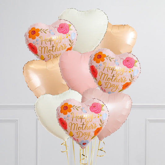 Bunch of Pink, Beige and White Heart Foil and Printed “Happy Mother’s Day” Helium Balloons