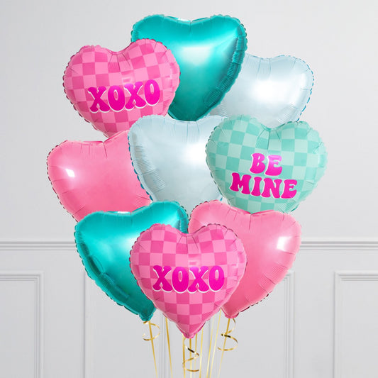 Bunch of Green, Blue and Pink of Heart Foil and Printed “Be Mine, XOXO” Helium Balloons