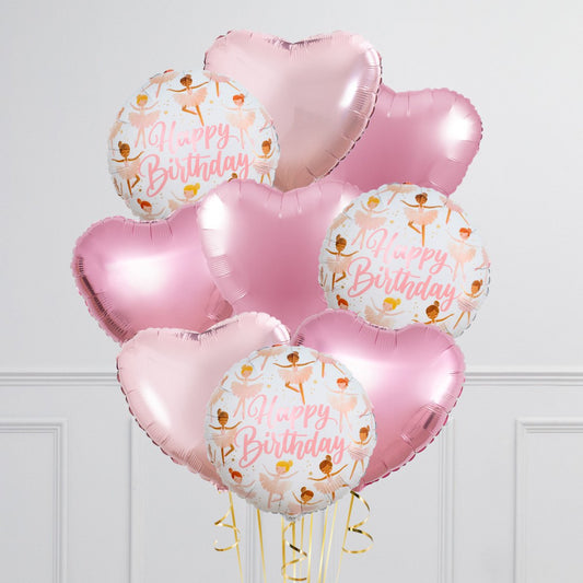 Bunch of Different Shades of Pink Heart Foil and Printed Circle “Happy Birthday” Helium Balloons