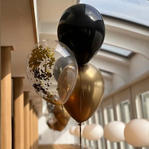 Black, Gold and Clear with Confetti Latex Helium Balloon Bunch - Perfect for any special occasions!