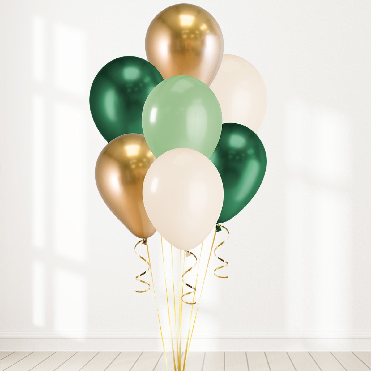 Gold, Chrome Green, Green and White Latex Helium Balloon Bunch - Perfect for any special occasions!