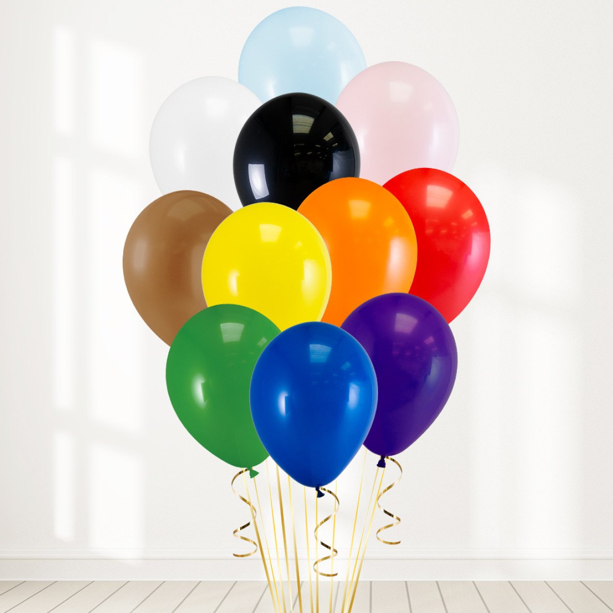 Blue, Purple, Green, Yellow, Orange, Red, Brown, Pink, Black and White Latex Helium Balloon Bunch - Perfect for any special occasions!