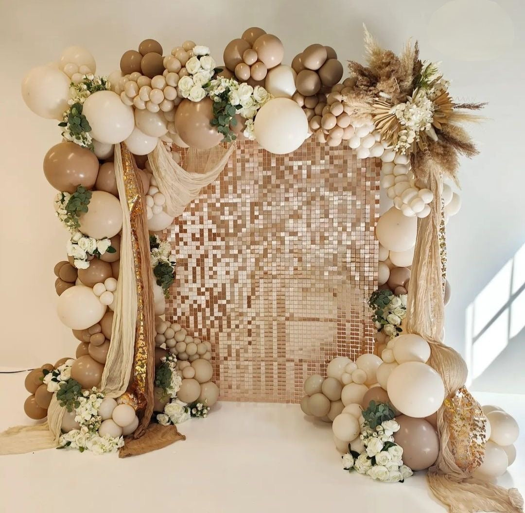 Gold Shimmer Wall Setup with Brown, Beige and Sand White Glam Balloon Arch with Artificial Flowers Boho-Themed - Perfect for any Celebration