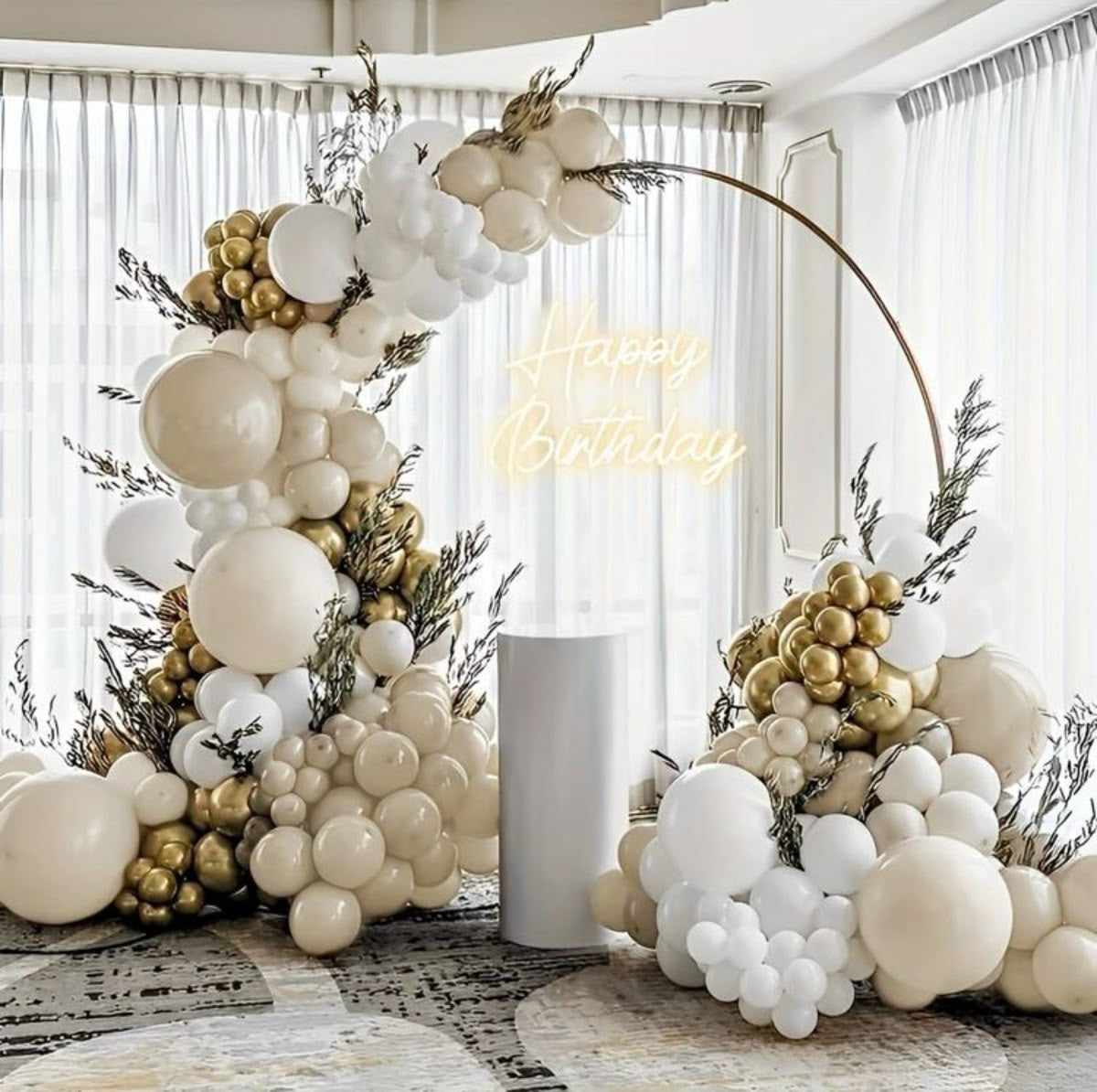 Balloon White and Light Gold Decor with Customizable LED Acrylic ‘Happy Birthday’ Lights Setup - Perfect for special occasions
