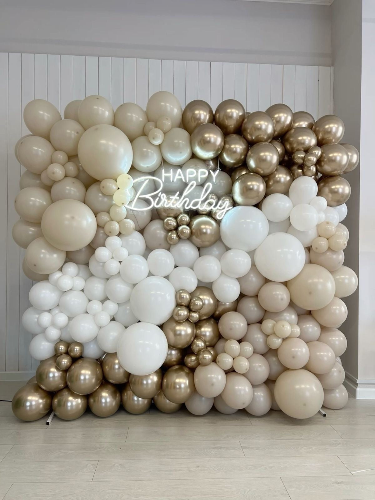 Balloon White, Dust White and Light Gold Wall Decor with Customizable LED Acrylic ‘Happy Birthday’ Lights Setup - Perfect for special occasions