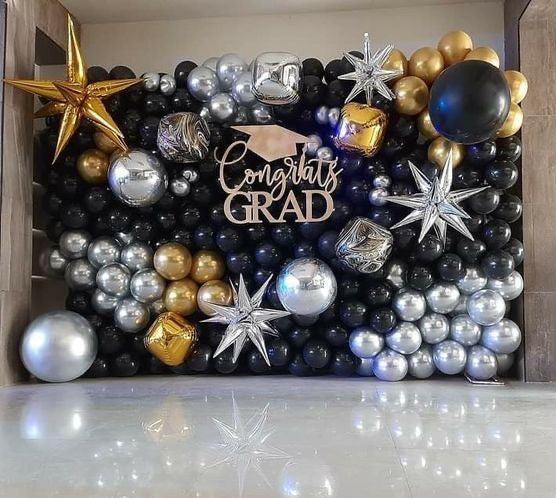 Graduation Balloon Black and Silver with Stars and Disco Ball Foil Accents with Customizable Foam Board ‘Congrats GRAD’ Wall Setup