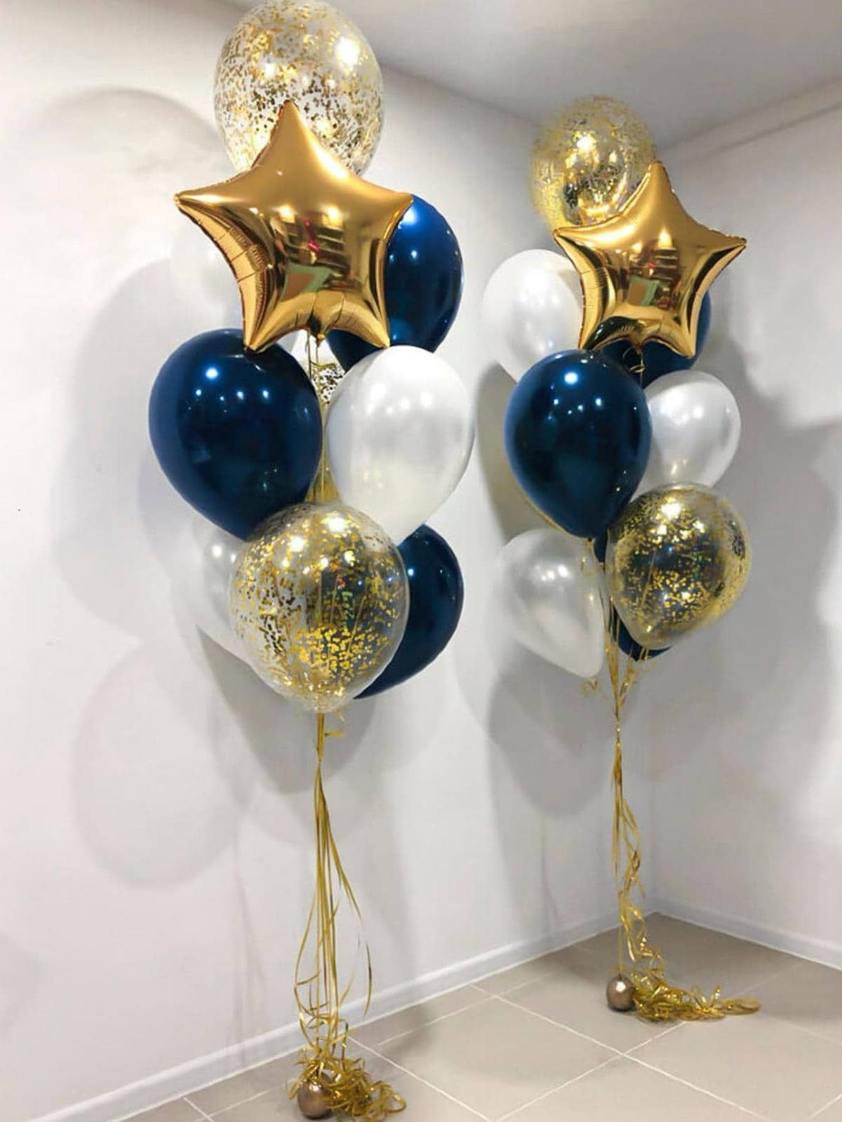 Clear with Confetti, Blue and Pearl White Latex Helium Balloon Bunch with Gold Star Foil Accents - Perfect for any special occasions!