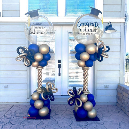 Personalised Blue and Light Gold Graduation Balloon with Customizable Stickers Pillar/Column/Tower – Perfect for Graduation Celebration