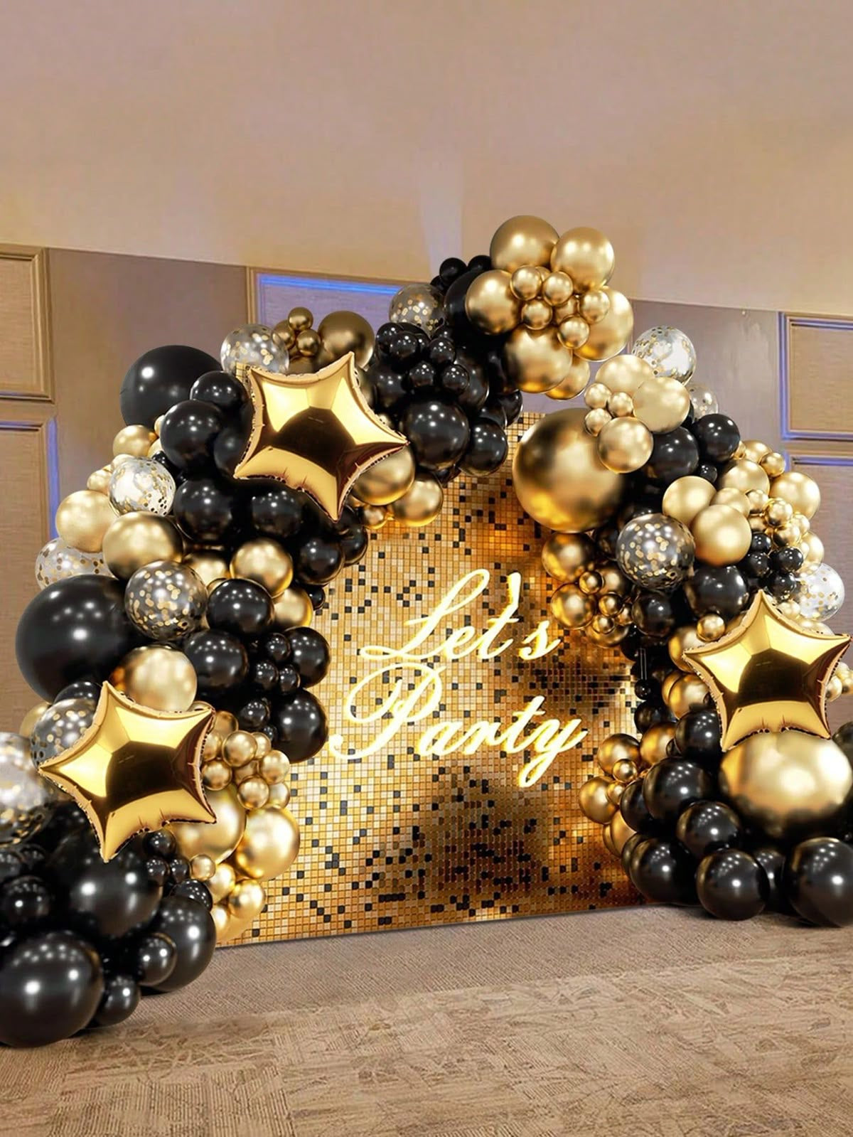Gold Shimmer Wall Setup with Black,Gold and Silver Glam Balloon Arch with Customizable LED Acrylic “Let’s Party” Lights - Perfect for any Celebration