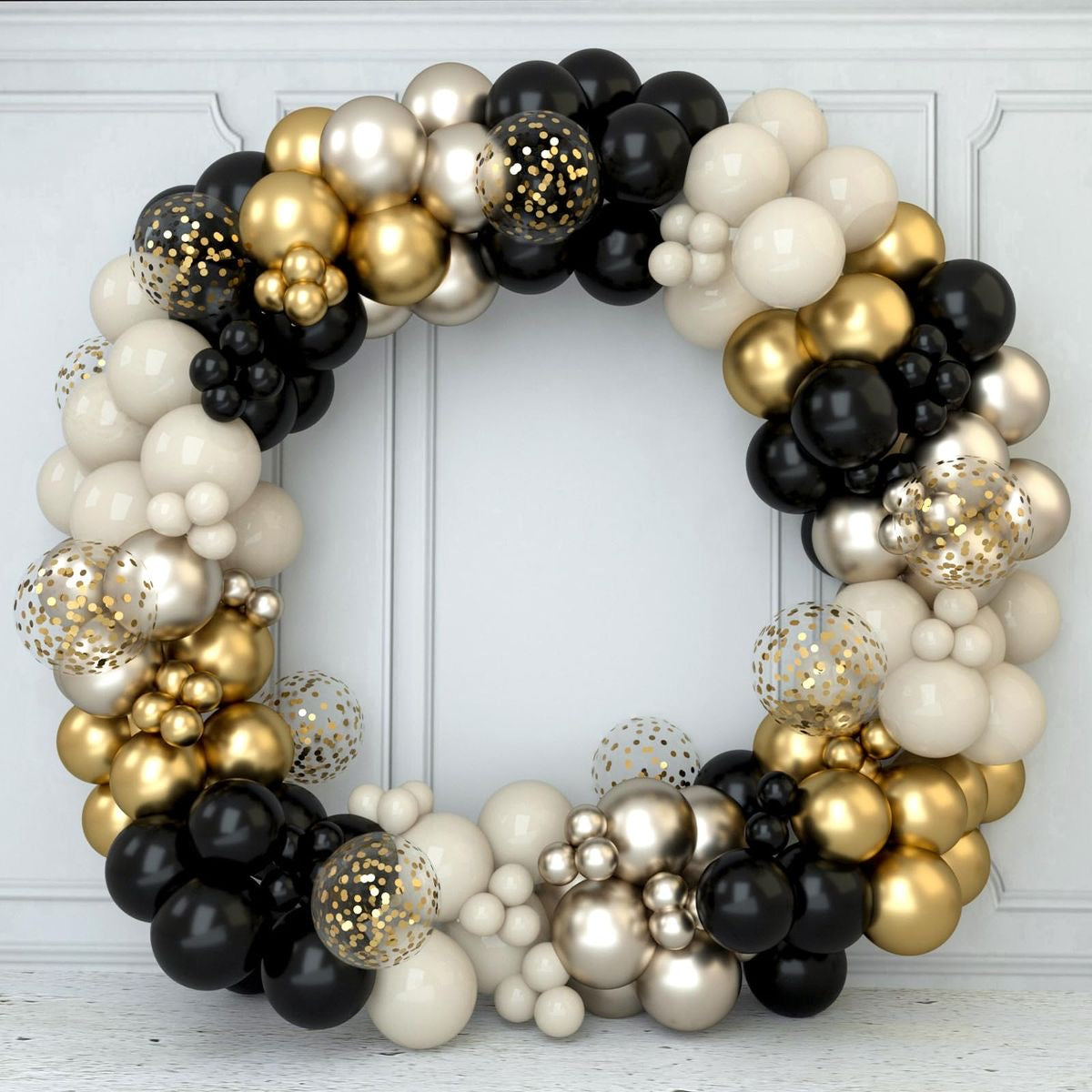 Round Balloon Dust White, Light Gold, Gold, Clear with Confetti and Black Decor Setup - Perfect for special occasions